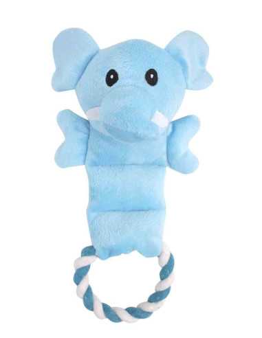 Peluche sonore éléphant, corde, 29 cm, blanc et bleu