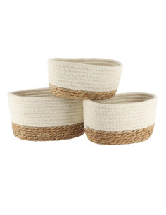 Set De 3 Paniers Rectangulaires Coton/Matiere Vegetale - Blanc/Naturel