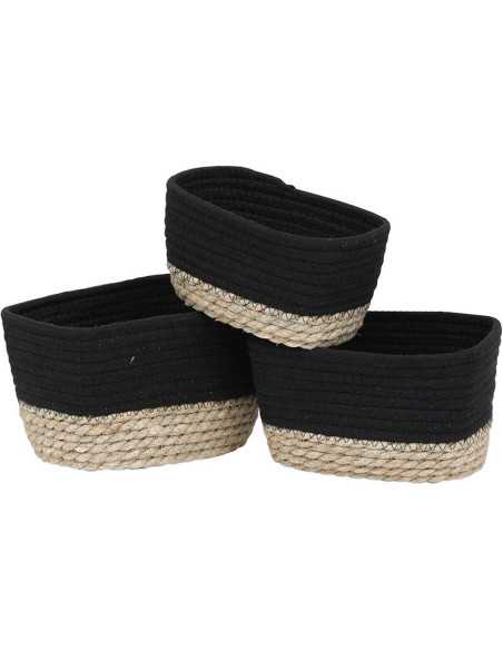 Set De 3 Paniers Rectangulaires Coton/Matiere Vegetale - Noir/Naturel