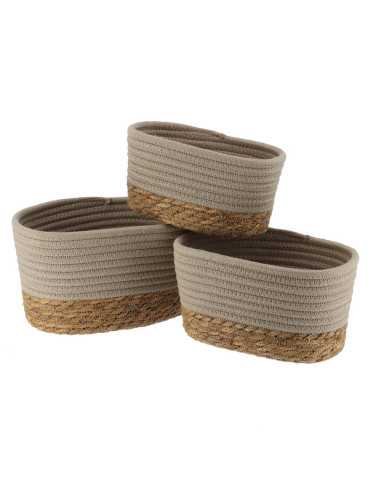 Set De 3 Paniers Rectangulaires Coton/Matiere Vegetale - Taupe/Naturel