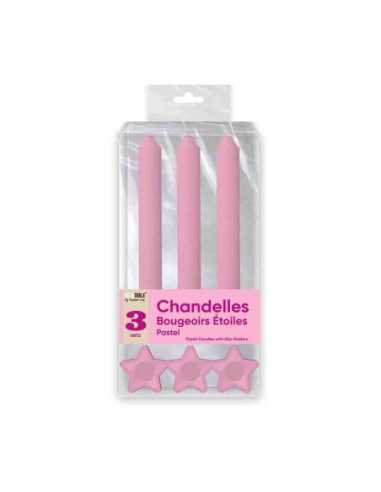 Bougies Chandelles X 3 Supports Etoile Rose