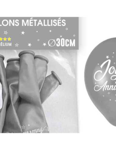 Sachet 6 Ballons Metal Argent Joyeux Anniversaire