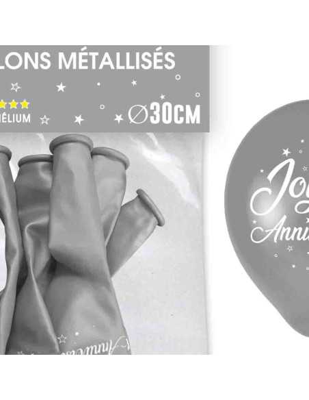 Sachet 6 Ballons Metal Argent Joyeux Anniversaire