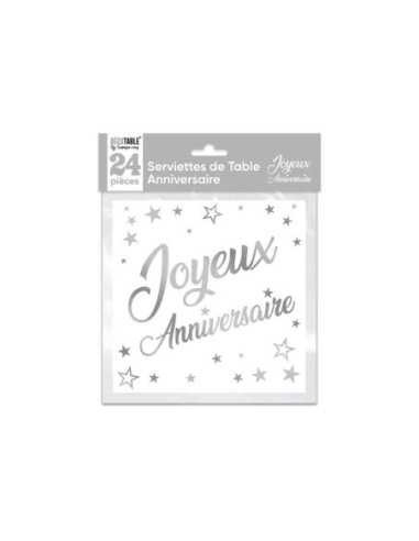 Serviettes De Table X 24 Metallisee Argent Joyeux Anniversaire