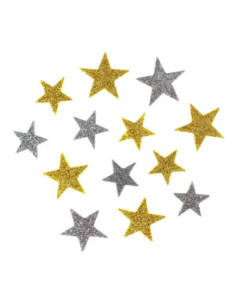 Etoiles adhésives caoutchouc mousse or, arg. pailleté 2 à 3cm x 72pcs