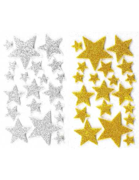 Stickers 3D étoiles or, argent pailleté x 40 pcs