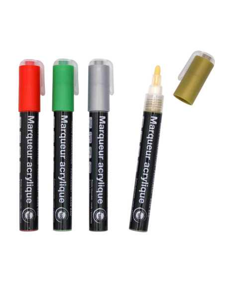 Marqueurs peint. acryl.,haute pigment.,vert, rouge, or, argt 5mlx4pcs