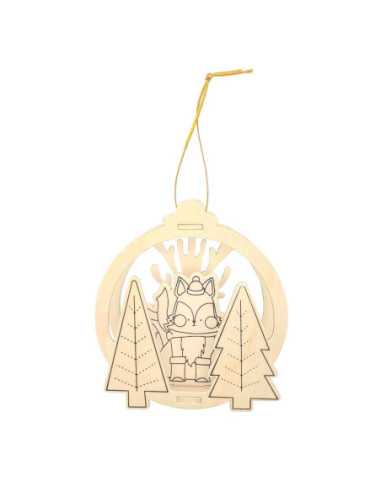 Suspension Scène de Noël en bois motif Renard, 10,5 x 11,5 cm