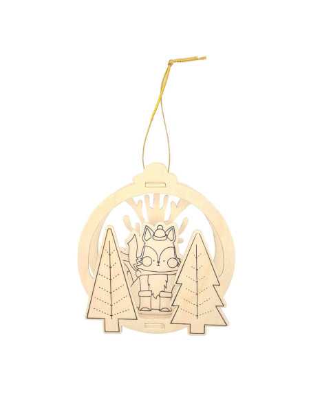 Suspension Scène de Noël en bois motif Renard, 10,5 x 11,5 cm