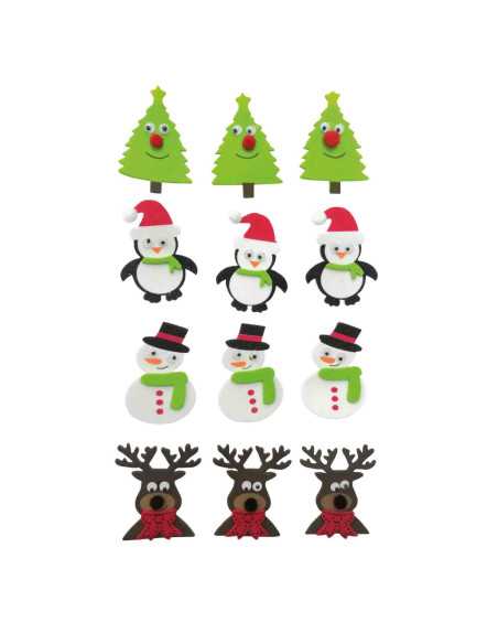Sticker mousse personnages de Noël 3,5 à 5,1 cm x 12 pcs