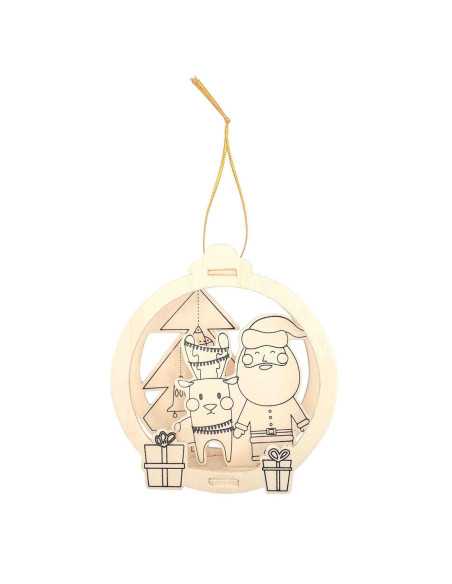 Suspension Scène de Noël en bois motif Père Noël, 10,5 x 11,5 cm