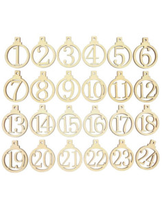 Chiffres en bois ciselé, calendrier de l'avent, 4,9 x 6,3cm x 24 pcs