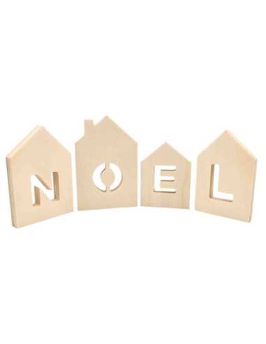 Maisons Lettres NOEL en bois à poser, 7,5 x 13cm maxi, x 4 pcs
