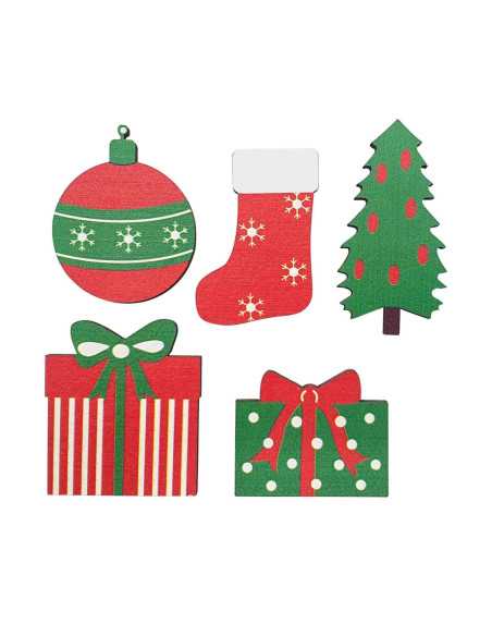 Embellissements Noël en bois coloré, motifs assortis Cadeaux, de 2 à