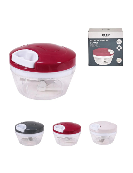 Hachoir manuel à ficelle 3 lames 450 ml – Coupe rapide légumes, fruits, herbes – Coloris aléatoire