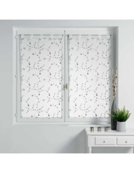Paire de voilages à passants 2 x 60 x 120 cm Petites fleurs blanc et gris