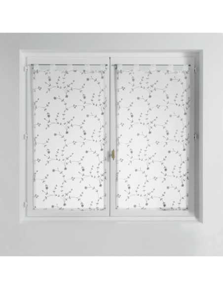 Paire de voilages à passants 2 x 60 x 90 cm Petites fleurs blanc et gris
