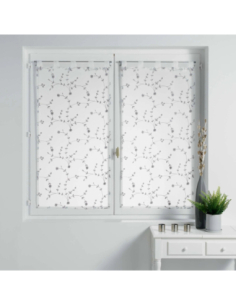 Paire de voilages à passants 2 x 60 x 90 cm Petites fleurs blanc et gris 2