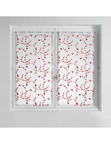 Paire de voilages à passants 2 x 60 x 90 cm Petites fleurs blanc et rouge