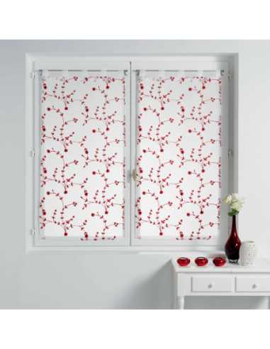 Paire de voilages à passants 2 x 60 x 90 cm Petites fleurs blanc et rouge